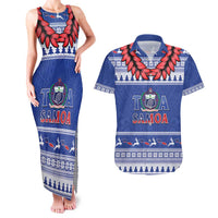 Personalised Toa Samoa Rugby Christmas Couples Matching Tank Maxi Dress and Hawaiian Shirt Ula Fala Samoan Pattern Blue LT14 Blue - Polynesian Pride