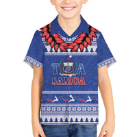 Personalised Toa Samoa Rugby Christmas Family Matching Off The Shoulder Long Sleeve Dress and Hawaiian Shirt Ula Fala Samoan Pattern Blue - Polynesian Pride