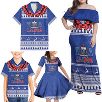 Personalised Toa Samoa Rugby Christmas Family Matching Off Shoulder Maxi Dress and Hawaiian Shirt Ula Fala Samoan Pattern Blue LT14 - Polynesian Pride