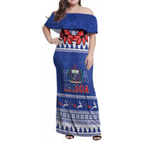 Personalised Toa Samoa Rugby Christmas Family Matching Off Shoulder Maxi Dress and Hawaiian Shirt Ula Fala Samoan Pattern Blue LT14 Mom's Dress Blue - Polynesian Pride
