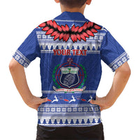 Personalised Toa Samoa Rugby Christmas Family Matching Off Shoulder Short Dress and Hawaiian Shirt Ula Fala Samoan Pattern Blue LT14 - Polynesian Pride
