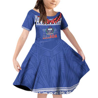Personalised Toa Samoa Rugby Christmas Family Matching Off Shoulder Short Dress and Hawaiian Shirt Ula Fala Samoan Pattern Blue LT14 Daughter's Dress Blue - Polynesian Pride