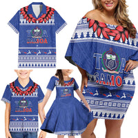 Personalised Toa Samoa Rugby Christmas Family Matching Off Shoulder Short Dress and Hawaiian Shirt Ula Fala Samoan Pattern Blue LT14 - Polynesian Pride