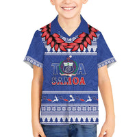 Personalised Toa Samoa Rugby Christmas Family Matching Off Shoulder Short Dress and Hawaiian Shirt Ula Fala Samoan Pattern Blue LT14 Son's Shirt Blue - Polynesian Pride