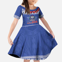 Personalised Toa Samoa Rugby Christmas Family Matching Puletasi and Hawaiian Shirt Ula Fala Samoan Pattern Blue LT14 Daughter's Dress Blue - Polynesian Pride