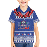 Personalised Toa Samoa Rugby Christmas Family Matching Puletasi and Hawaiian Shirt Ula Fala Samoan Pattern Blue LT14 Son's Shirt Blue - Polynesian Pride