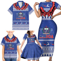 Personalised Toa Samoa Rugby Christmas Family Matching Short Sleeve Bodycon Dress and Hawaiian Shirt Ula Fala Samoan Pattern Blue - Polynesian Pride
