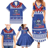 Personalised Toa Samoa Rugby Christmas Family Matching Summer Maxi Dress and Hawaiian Shirt Ula Fala Samoan Pattern Blue LT14 - Polynesian Pride