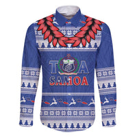 Personalised Toa Samoa Rugby Christmas Family Matching Summer Maxi Dress and Hawaiian Shirt Ula Fala Samoan Pattern Blue LT14 Dad's Shirt - Long Sleeve Blue - Polynesian Pride