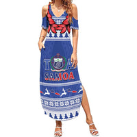 Personalised Toa Samoa Rugby Christmas Family Matching Summer Maxi Dress and Hawaiian Shirt Ula Fala Samoan Pattern Blue LT14 Mom's Dress Blue - Polynesian Pride