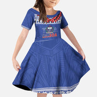 Personalised Toa Samoa Rugby Christmas Family Matching Tank Maxi Dress and Hawaiian Shirt Ula Fala Samoan Pattern Blue LT14 Daughter's Dress Blue - Polynesian Pride