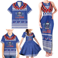 Personalised Toa Samoa Rugby Christmas Family Matching Tank Maxi Dress and Hawaiian Shirt Ula Fala Samoan Pattern Blue LT14 - Polynesian Pride