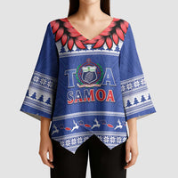 Personalised Toa Samoa Rugby Christmas Kimono Sleeve Blouse Ula Fala Samoan Pattern Blue - Polynesian Pride