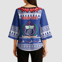 Personalised Toa Samoa Rugby Christmas Kimono Sleeve Blouse Ula Fala Samoan Pattern Blue - Polynesian Pride