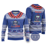 Personalised Toa Samoa Rugby Christmas Ugly Christmas Sweater Ula Fala Samoan Pattern Blue - Polynesian Pride