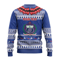 Personalised Toa Samoa Rugby Christmas Ugly Christmas Sweater Ula Fala Samoan Pattern Blue - Polynesian Pride