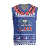 Personalised Toa Samoa Rugby Christmas Knitted V-Neck Vest Ula Fala Samoan Pattern Blue - Polynesian Pride
