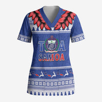 Personalised Toa Samoa Rugby Christmas Scrub Top Ula Fala Samoan Pattern Blue - Polynesian Pride