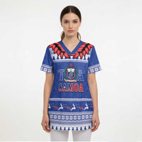 Personalised Toa Samoa Rugby Christmas Scrub Top Ula Fala Samoan Pattern Blue - Polynesian Pride