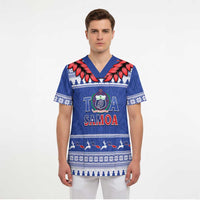 Personalised Toa Samoa Rugby Christmas Scrub Top Ula Fala Samoan Pattern Blue - Polynesian Pride