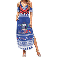 Personalised Toa Samoa Rugby Christmas Summer Maxi Dress Ula Fala Samoan Pattern Blue LT14 Women Blue - Polynesian Pride