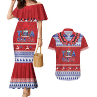 Personalised Toa Samoa Rugby Christmas Couples Matching Mermaid Dress and Hawaiian Shirt Ula Fala Samoan Pattern Red LT14 Red - Polynesian Pride