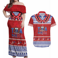 Personalised Toa Samoa Rugby Christmas Couples Matching Off Shoulder Maxi Dress and Hawaiian Shirt Ula Fala Samoan Pattern Red LT14 Red - Polynesian Pride