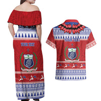 Personalised Toa Samoa Rugby Christmas Couples Matching Off Shoulder Maxi Dress and Hawaiian Shirt Ula Fala Samoan Pattern Red LT14 - Polynesian Pride