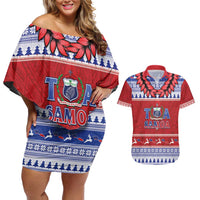 Personalised Toa Samoa Rugby Christmas Couples Matching Off Shoulder Short Dress and Hawaiian Shirt Ula Fala Samoan Pattern Red LT14 Red - Polynesian Pride