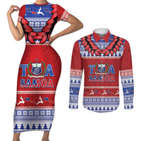 Personalised Toa Samoa Rugby Christmas Couples Matching Short Sleeve Bodycon Dress and Long Sleeve Button Shirt Ula Fala Samoan Pattern Red LT14 Red - Polynesian Pride