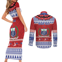 Personalised Toa Samoa Rugby Christmas Couples Matching Short Sleeve Bodycon Dress and Long Sleeve Button Shirt Ula Fala Samoan Pattern Red LT14 - Polynesian Pride