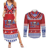 Personalised Toa Samoa Rugby Christmas Couples Matching Summer Maxi Dress and Long Sleeve Button Shirt Ula Fala Samoan Pattern Red - Polynesian Pride