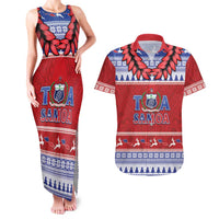 Personalised Toa Samoa Rugby Christmas Couples Matching Tank Maxi Dress and Hawaiian Shirt Ula Fala Samoan Pattern Red LT14 Red - Polynesian Pride