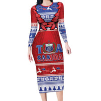 Personalised Toa Samoa Rugby Christmas Family Matching Long Sleeve Bodycon Dress and Hawaiian Shirt Ula Fala Samoan Pattern Red - Polynesian Pride