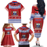 Personalised Toa Samoa Rugby Christmas Family Matching Off The Shoulder Long Sleeve Dress and Hawaiian Shirt Ula Fala Samoan Pattern Red - Polynesian Pride