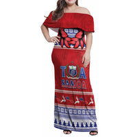 Personalised Toa Samoa Rugby Christmas Family Matching Off Shoulder Maxi Dress and Hawaiian Shirt Ula Fala Samoan Pattern Red LT14 Mom's Dress Red - Polynesian Pride