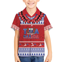 Personalised Toa Samoa Rugby Christmas Family Matching Off Shoulder Maxi Dress and Hawaiian Shirt Ula Fala Samoan Pattern Red LT14 Son's Shirt Red - Polynesian Pride