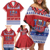 Personalised Toa Samoa Rugby Christmas Family Matching Off Shoulder Short Dress and Hawaiian Shirt Ula Fala Samoan Pattern Red LT14 - Polynesian Pride