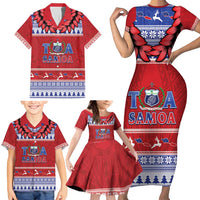 Personalised Toa Samoa Rugby Christmas Family Matching Short Sleeve Bodycon Dress and Hawaiian Shirt Ula Fala Samoan Pattern Red - Polynesian Pride