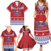 Personalised Toa Samoa Rugby Christmas Family Matching Summer Maxi Dress and Hawaiian Shirt Ula Fala Samoan Pattern Red - Polynesian Pride