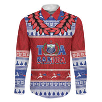 Personalised Toa Samoa Rugby Christmas Family Matching Tank Maxi Dress and Hawaiian Shirt Ula Fala Samoan Pattern Red LT14 Dad's Shirt - Long Sleeve Red - Polynesian Pride