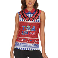 Personalised Toa Samoa Rugby Christmas Women Sleeveless Polo Shirt Ula Fala Samoan Pattern Red - Polynesian Pride