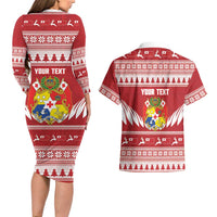 Personalised Tonga Rugby Christmas Couples Matching Long Sleeve Bodycon Dress and Hawaiian Shirt Mate Maa Tonga Ngatu Pattern LT14 - Polynesian Pride