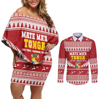 Personalised Tonga Rugby Christmas Couples Matching Off Shoulder Short Dress and Long Sleeve Button Shirt Mate Maa Tonga Ngatu Pattern - Polynesian Pride