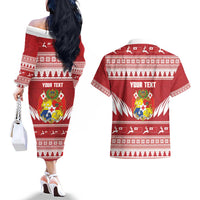 Personalised Tonga Rugby Christmas Couples Matching Off The Shoulder Long Sleeve Dress and Hawaiian Shirt Mate Maa Tonga Ngatu Pattern LT14 - Polynesian Pride