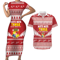 Personalised Tonga Rugby Christmas Couples Matching Short Sleeve Bodycon Dress and Hawaiian Shirt Mate Maa Tonga Ngatu Pattern LT14 Red - Polynesian Pride