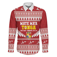 Personalised Tonga Rugby Christmas Family Matching Mermaid Dress and Hawaiian Shirt Mate Maa Tonga Ngatu Pattern LT14 Dad's Shirt - Long Sleeve Red - Polynesian Pride