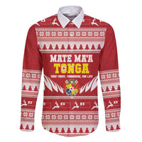 Personalised Tonga Rugby Christmas Family Matching Off The Shoulder Long Sleeve Dress and Hawaiian Shirt Mate Maa Tonga Ngatu Pattern LT14 Dad's Shirt - Long Sleeve Red - Polynesian Pride