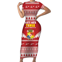 Personalised Tonga Rugby Christmas Family Matching Short Sleeve Bodycon Dress and Hawaiian Shirt Mate Maa Tonga Ngatu Pattern LT14 Mom's Dress Red - Polynesian Pride