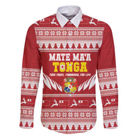 Personalised Tonga Rugby Christmas Family Matching Summer Maxi Dress and Hawaiian Shirt Mate Maa Tonga Ngatu Pattern LT14 Dad's Shirt - Long Sleeve Red - Polynesian Pride